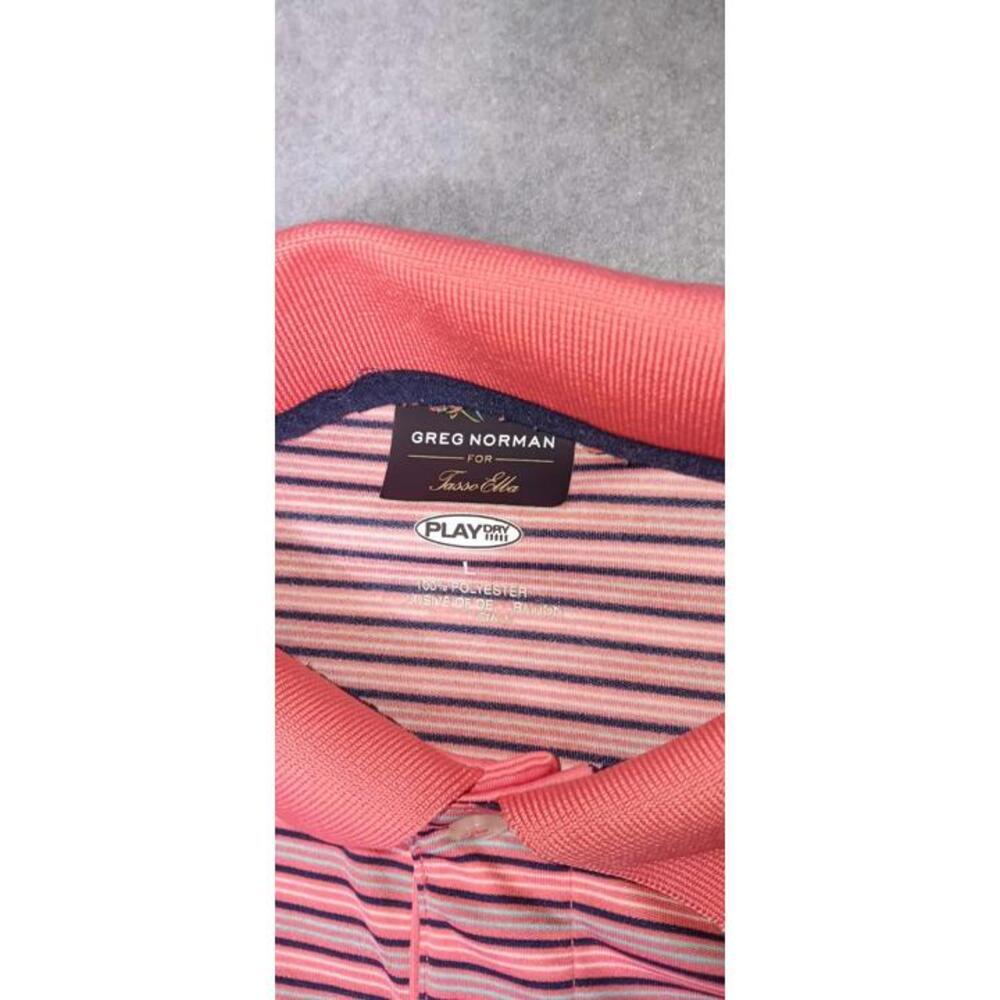 Greg Norman For Tasso Elba Golf Polo Mens Size Large Pink And Black Stripes Play - Picture 2 of 11